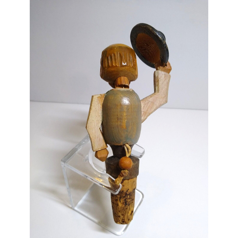 ANRI Mechanical Hat Tipping Bottle Stopper Wood Carved Puppet Barware Cork Green - Picture 4 of 6